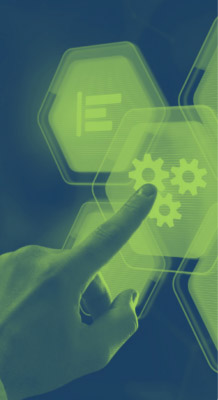 Decorative image of a hand pressing a screen that represents networking