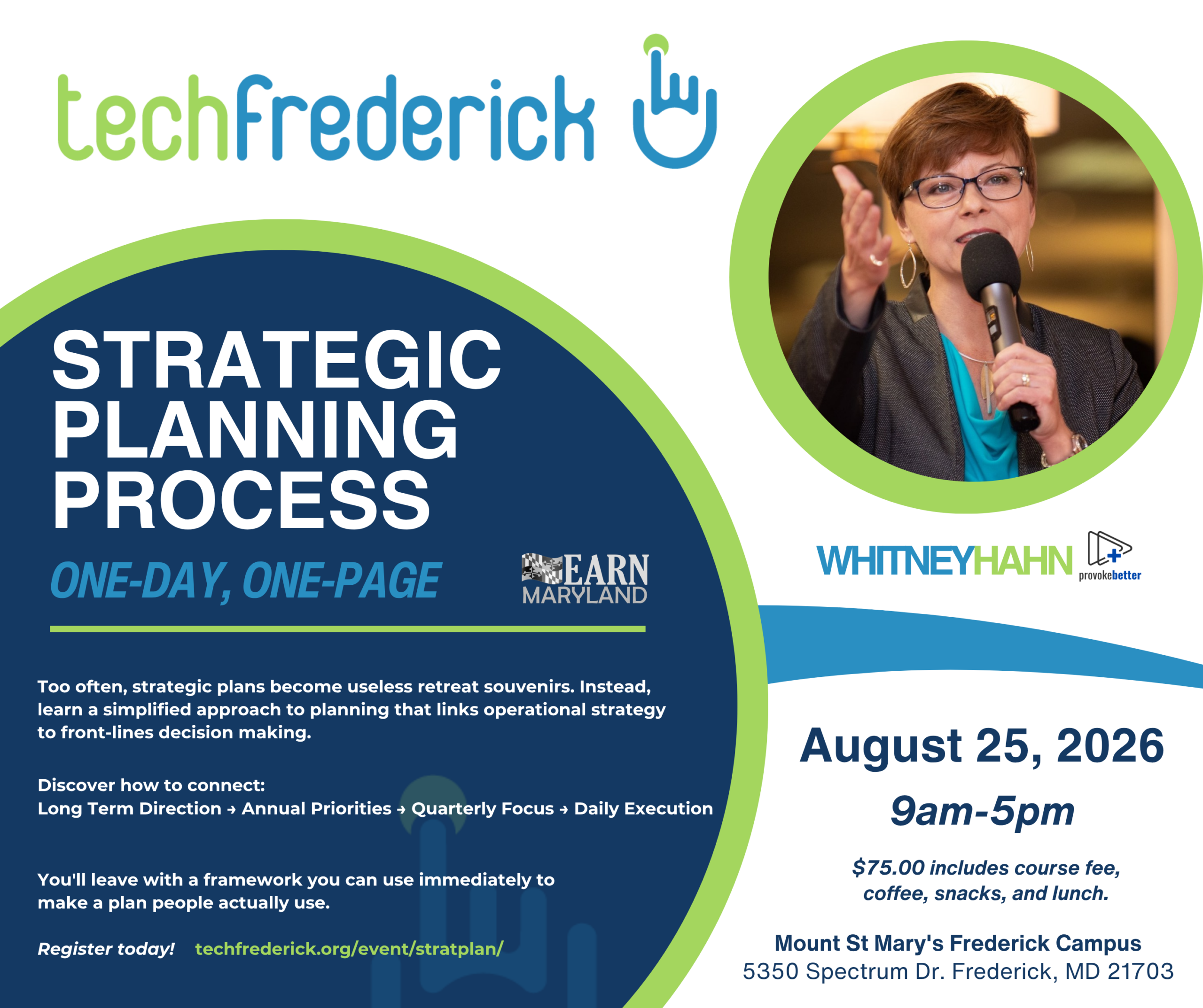 One-Day, One-Page Strategic Planning Process workshop with Whitney Hahn - August 25, 2026, 9am-5pm at Mount St. Mary's Frederick Campus
